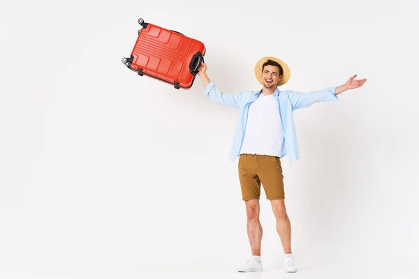 Young Man Red Suitcase Studio — Stock Photo, Image