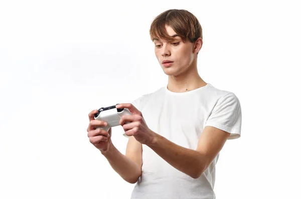 Jonge Knappe Man Met Joystick Spelen Spel — Stockfoto
