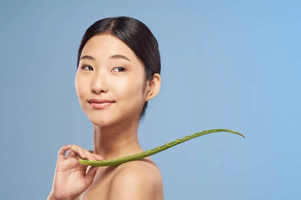 Joven Hermosa Mujer Asiática Posando Con Aloe Vera Hoja —  Fotos de Stock