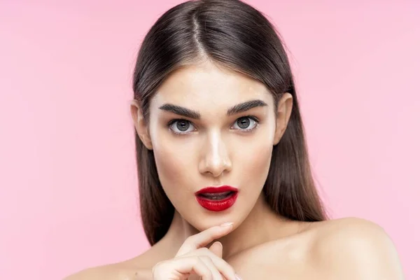 Portrait Jeune Belle Femme Avec Rouge Lèvres Rouge Sur Ses — Photo