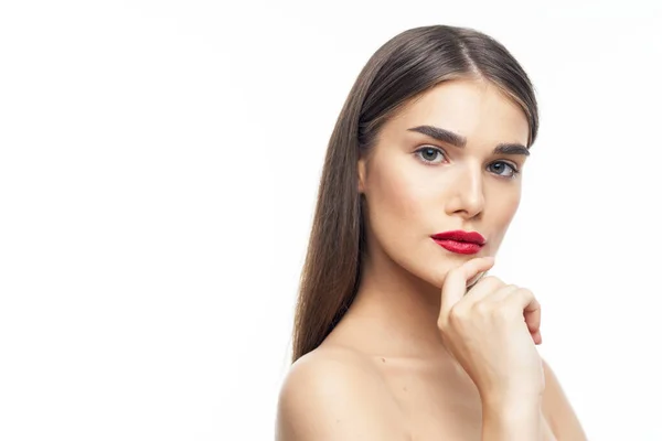 Portrait Jeune Belle Femme Avec Rouge Lèvres Rouge Sur Ses — Photo