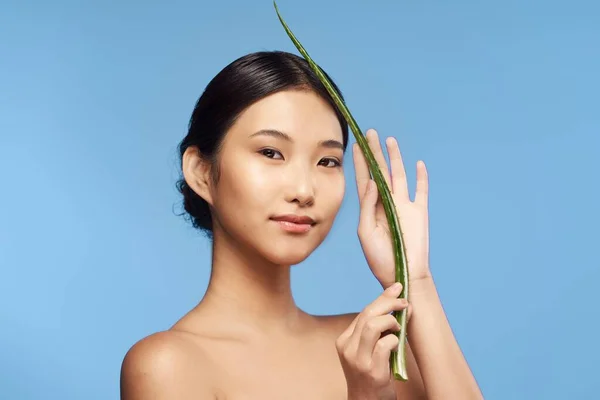 Joven Hermosa Mujer Asiática Posando Con Aloe Vera Hoja —  Fotos de Stock