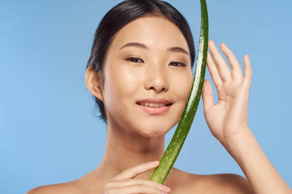 Joven Hermosa Mujer Asiática Posando Con Aloe Vera Hoja —  Fotos de Stock