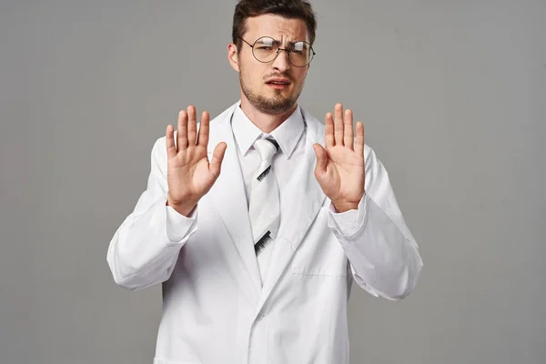 Studio Shot Young Doctor Gesturing Stop Isolated Background — Stock Photo, Image