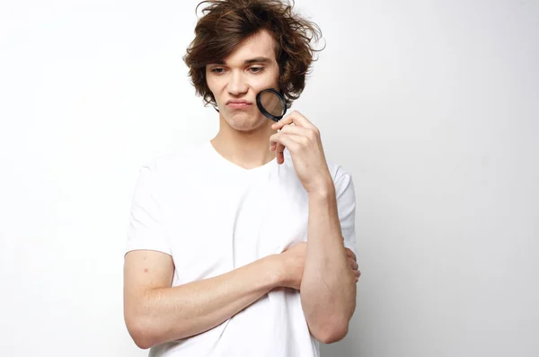 Young Handsome Man Holding Magnifier Studio — Stock Photo, Image