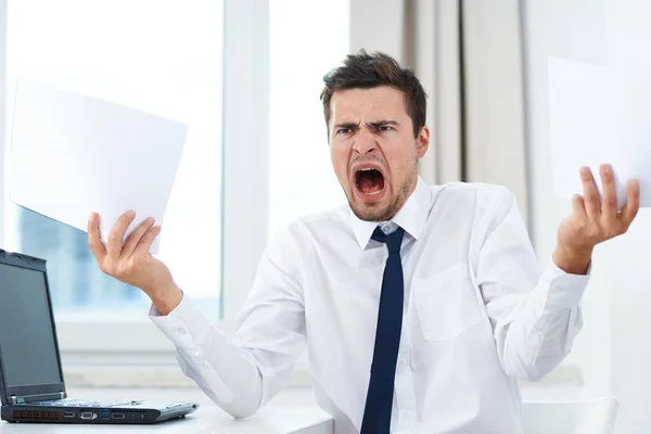 Young Emotional Businessman Documents Shouting — Stock Photo, Image