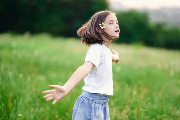 若いです可愛いです女の子持っています楽しいですカモミールフィールド — ストック写真