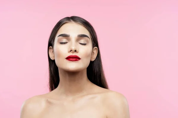 Portrait Jeune Belle Femme Avec Rouge Lèvres Rouge Sur Ses — Photo