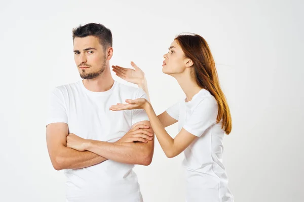 Young Beautiful Couple Shirts Posing Studio Isolated Background — Stock Photo, Image