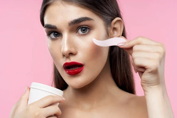 Skincare Beauty Portrait Young Beautiful Woman Cream Pink Background — Stock Photo, Image