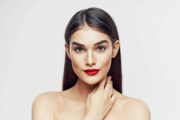 Retrato Jovem Mulher Bonita Com Batom Vermelho Nos Lábios Beleza — Fotografia de Stock