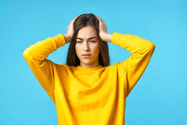 Young Woman Headache Studio Isolated Blue Background — Stock Photo, Image