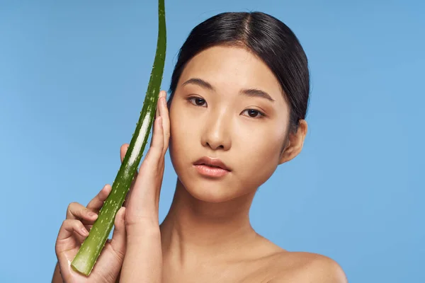 Joven Hermosa Mujer Asiática Posando Con Aloe Vera Hoja —  Fotos de Stock