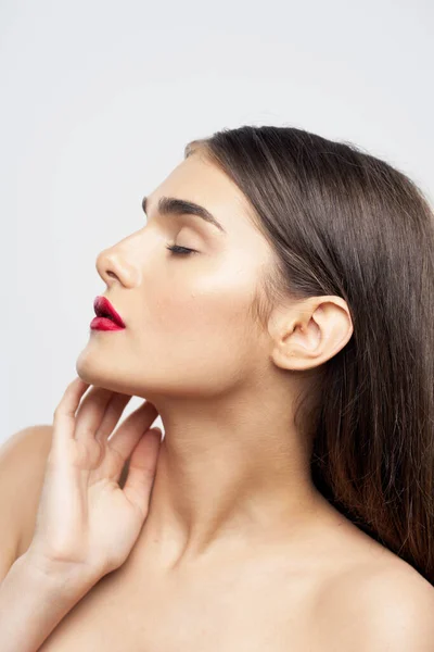 Retrato Jovem Mulher Bonita Com Batom Vermelho Nos Lábios Beleza — Fotografia de Stock