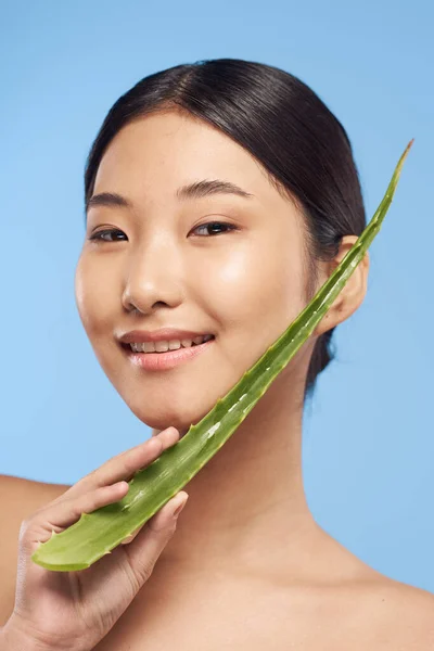 Joven Hermosa Mujer Asiática Posando Con Aloe Vera Hoja —  Fotos de Stock