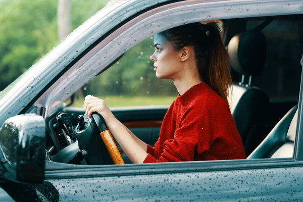 Young Beautiful Emotional Woman Driver Car — Stock Photo, Image