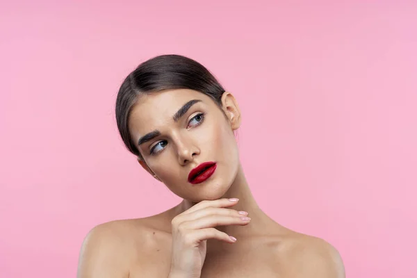 Portrait Jeune Belle Femme Avec Rouge Lèvres Rouge Sur Ses — Photo