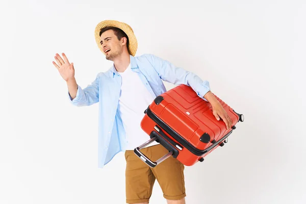 Jeune Homme Avec Valise Rouge Studio — Photo