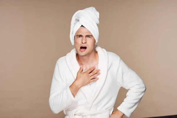 Studio Shot Young Handsome Man Bathrobe Angry — Stock Photo, Image