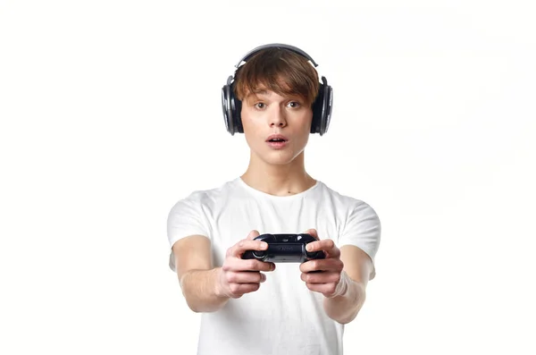 Young Man Headphones Playing Game Isolated Background — Stock Photo, Image