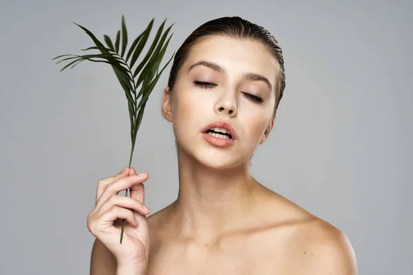 Jovem Modelo Bonito Posando Com Folha Estúdio — Fotografia de Stock