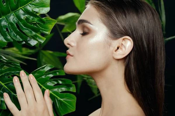 Hermosa mujer hojas verdes encanto cosméticos lujo — Foto de Stock