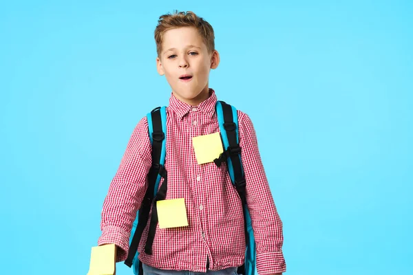 Menino feliz em uma camisa com uma mochila e notas — Fotografia de Stock