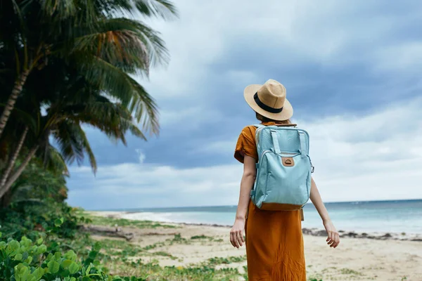 Mulher turista com mochila azul olhar para palmeiras altas na paisagem da ilha — Fotografia de Stock