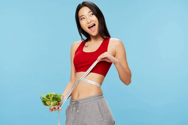 Misurare la figura del nastro mangiare sano stile di vita mangiare — Foto Stock