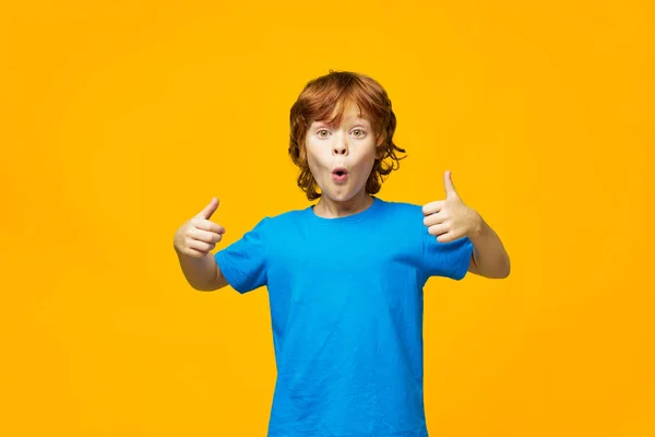 Surprised red-haired child gestures with hands positive gesture emotion blue t-shirt studio