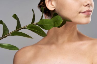 Stüdyoda gri arka planda yaprağı olan genç bir kadın.