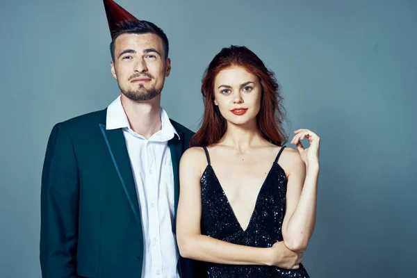 Studio Shot Beautiful Couple Celebrating New Year Looking Camera — Stock Photo, Image