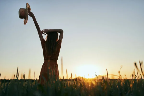 Jovem Mulher Bonita Campo Trigo Pôr Sol — Fotografia de Stock