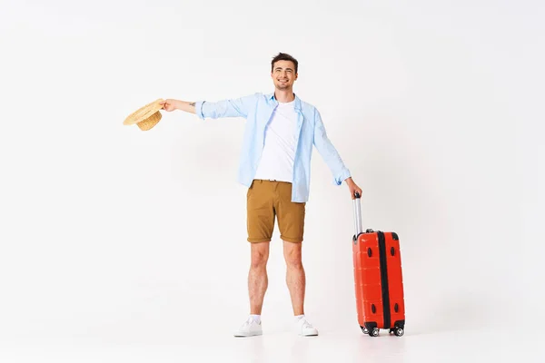 Studio Shot Young Man Tourist Suitcase Hat — Stock Photo, Image