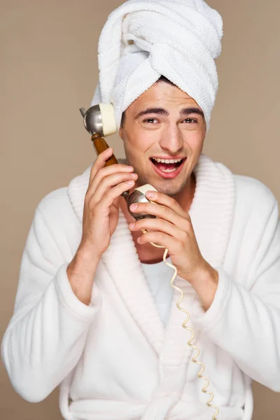 Studio Shot Young Man Bathtobe Talking Telephone — Stock Photo, Image