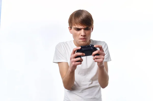 Jonge Knappe Man Met Joystick Spelen Spel — Stockfoto