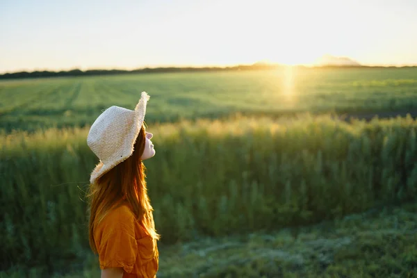 Jovem Mulher Bonita Campo Trigo Pôr Sol — Fotografia de Stock