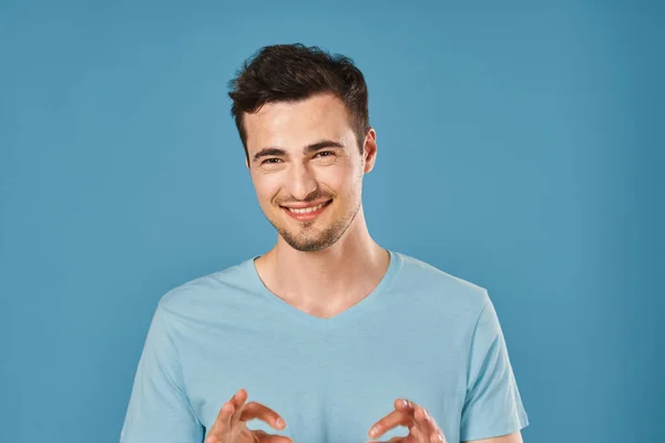 Young Handsome Man Gesturing Studio Blue Background — Stock Photo, Image