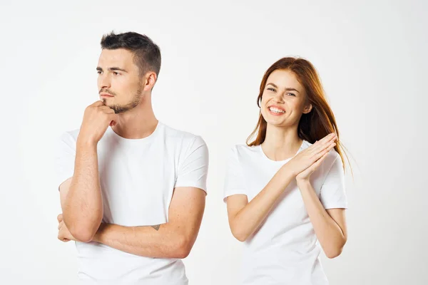 Young Beautiful Couple Shirts Posing Studio Isolated Background — Stock Photo, Image