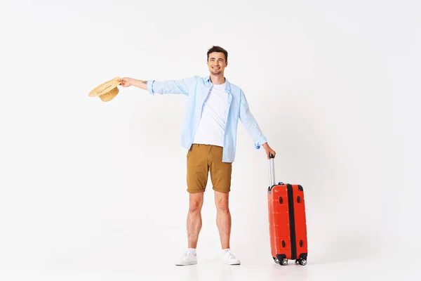 Studio Shot Young Man Tourist Hat Suitcase — Stock Photo, Image