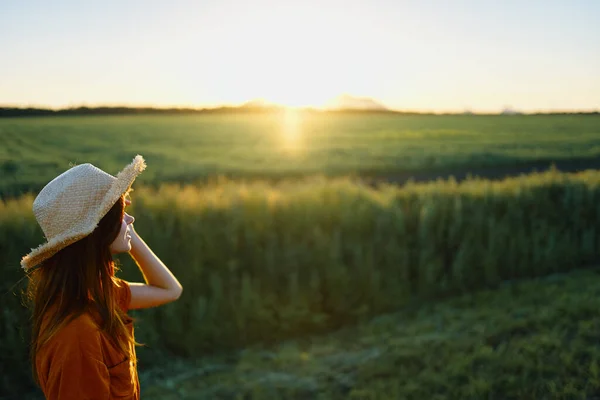 Jovem Mulher Bonita Campo Trigo Pôr Sol — Fotografia de Stock