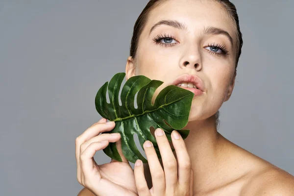 Jovem Bela Mulher Posando Com Folha Estúdio — Fotografia de Stock