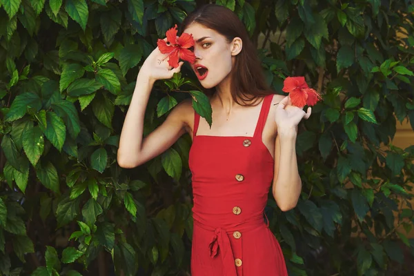 Ung Vacker Kvinna Med Blommor Trädgården — Stockfoto