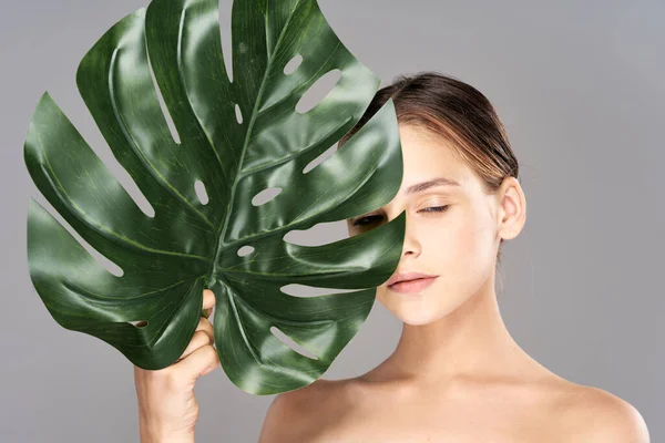 Joven Hermosa Mujer Posando Con Hoja Estudio —  Fotos de Stock