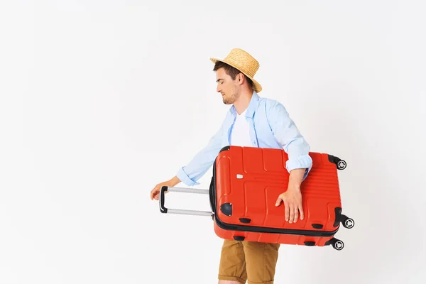 Studio Shot Young Man Tourist Holding His Suitcase — Stock Photo, Image