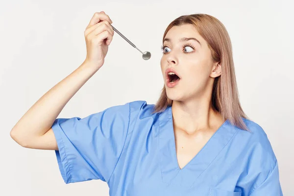 Studio Shot Young Female Doctor Dental Mirror White Background — Stock Photo, Image