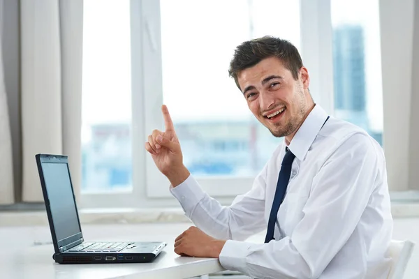 Young Handsome Businessman Laptop Pointing Stock Image