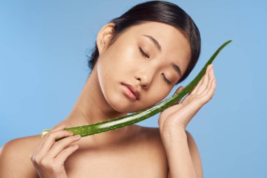 Genç güzel Asyalı kadın aloe vera yaprağıyla poz veriyor.  