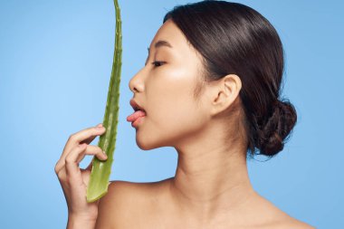 Genç güzel Asyalı kadın aloe vera yaprağıyla poz veriyor.  