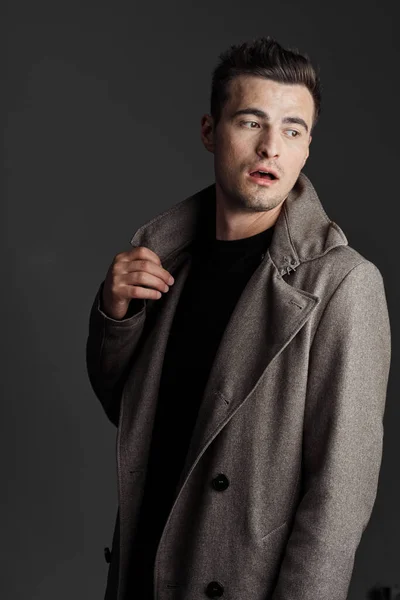 Portrait Young Handsome Man Coat Dark Background — Stock Photo, Image